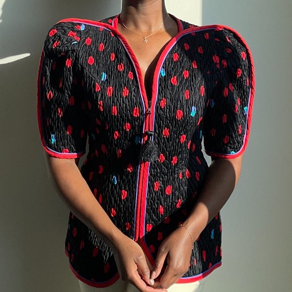 *SOLD* RARE Vintage 80s JEANNE MARC Wearable Art Quilted Red Cotton Jacket - Picture 1 of 3